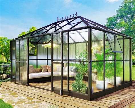 Jocisland 14 x 9.5 x 9 ft. Polycarbonate Greenhouse- Outdoor Aluminum ...