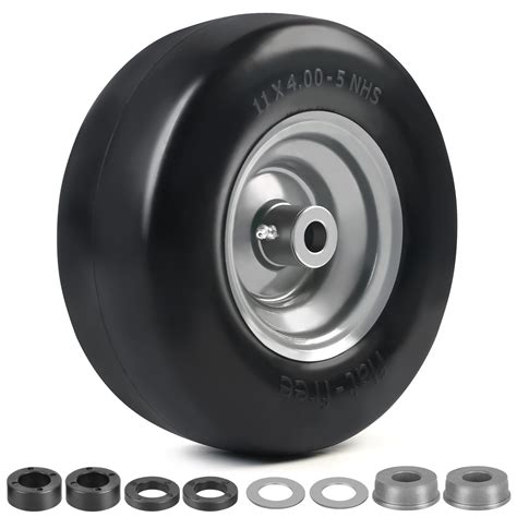 LotFancy 11x4.00-5” Flat Free Lawn Mower Tire and Wheel, Smooth Tread ...