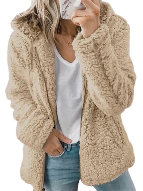 Women Casual Fluffy Fleece Jacket Long Sleeve Zip Up Hooded Sweatshirt ...