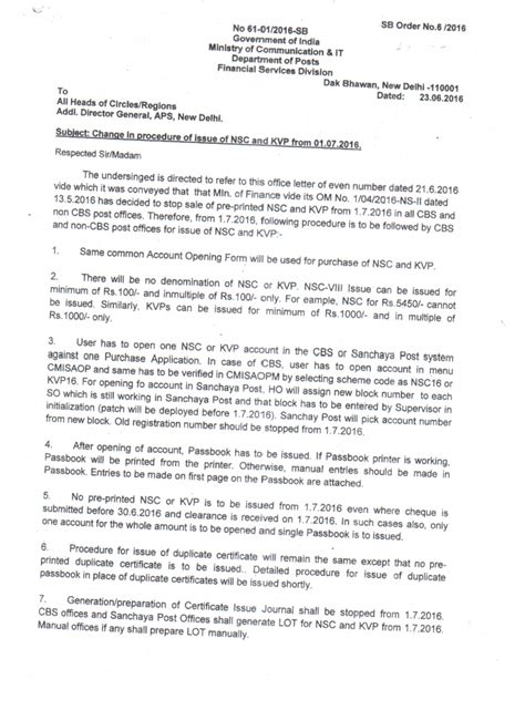 Addendum : SB Order No.06/2016 - Change of procedure on issue of KVP ...