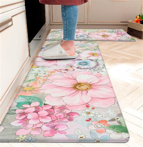 Amazon.com: Pink Floral Kitchen Rug Set of 2 Boho Flower Anti Fatigue ...