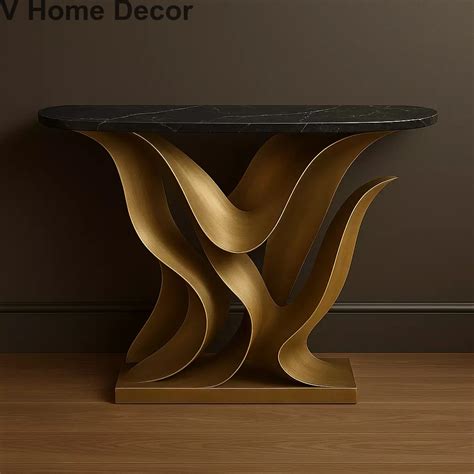 NAZIRA Wave Console Table – Sculptural Gold Base with Black Marble Top ...