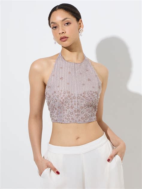 Buy Vark Mauve Floral Embroidered Halter-Neck Top from Westside