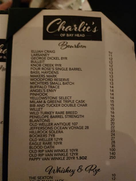 Menu at Charlies of Bay Head pub & bar, Bay Head