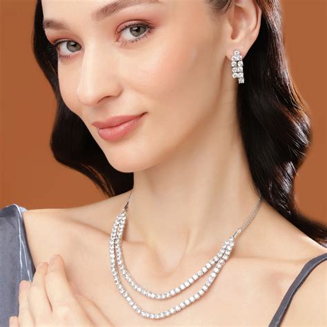 Estele Rhodium Plated CZ Classic Double Line Necklace Set