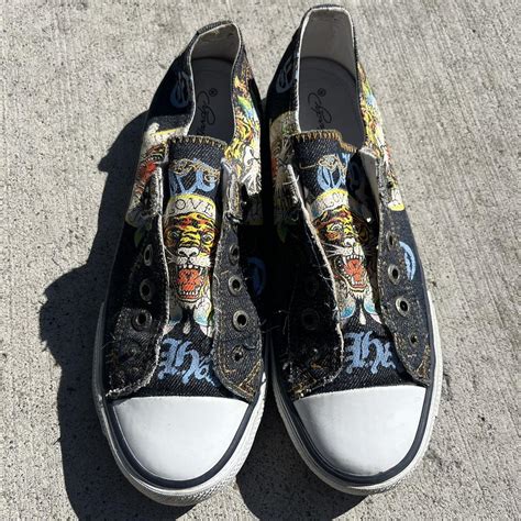 Vintage Y2K early 2000s denim Ed Hardy converse low... - Depop