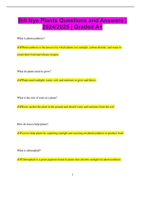 Bill Nye Plants Questions and Answers | 2024/2025 | Graded A+ - Bill ...