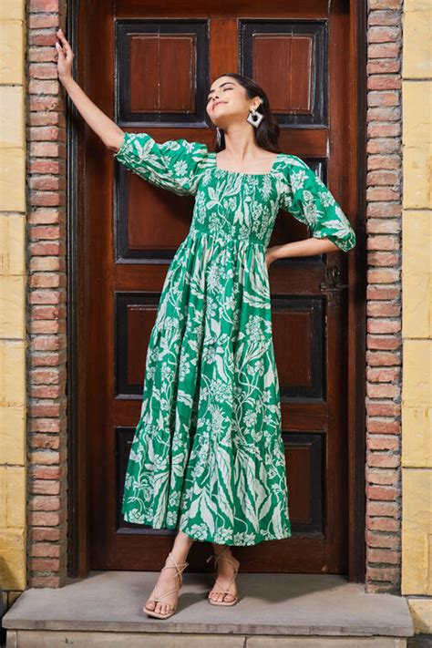 Green Cotton Tiered Dress at Biba India