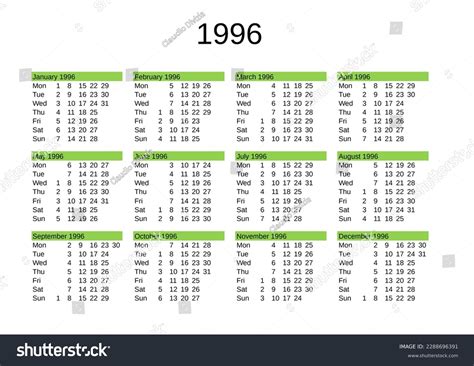Calendar Year 1996 English Language Stock Illustration 2288696391 ...