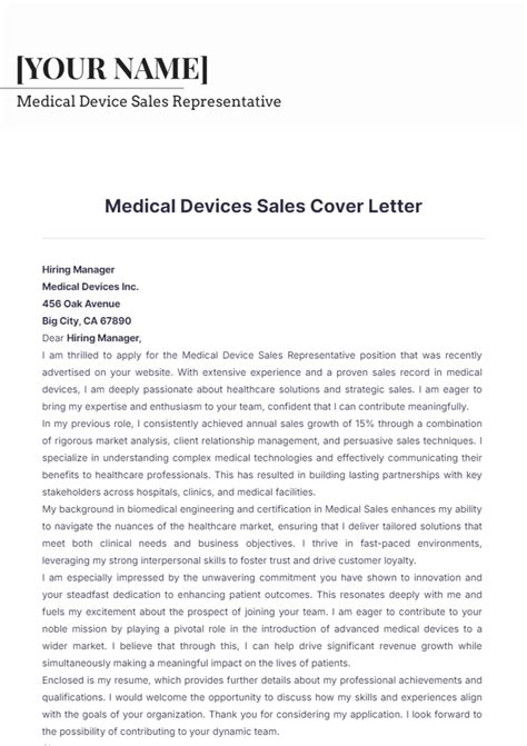 Free Medical Devices Sales Cover Letter Template to Edit Online