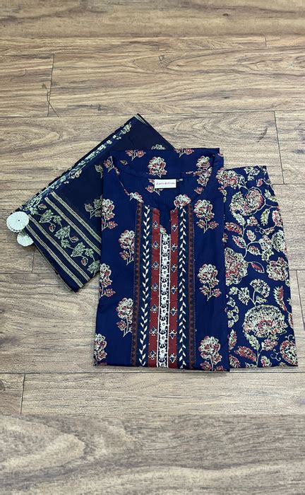 Navy Blue Flora Jaipur Cotton Kurti With Pant And Dupatta Set .Pure ...