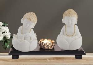 yogi Cute Buddha Figurines Set of 2, Marble Finish for (Marble, White ...