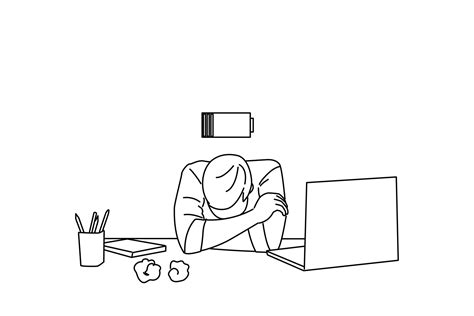 Cartoon of Tired young man work at desk with pc laptop, laid his head down on desk. Outline ...