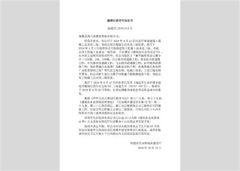 闽建许[2018]114号：撤销行政许可决定书