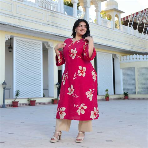 Buy Camellia Pink Floral Rayon Kurta | Meera Plus Size
