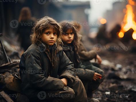 AI generated A group of refugee children sit in the middle of a war-torn city. Kids in war zone ...