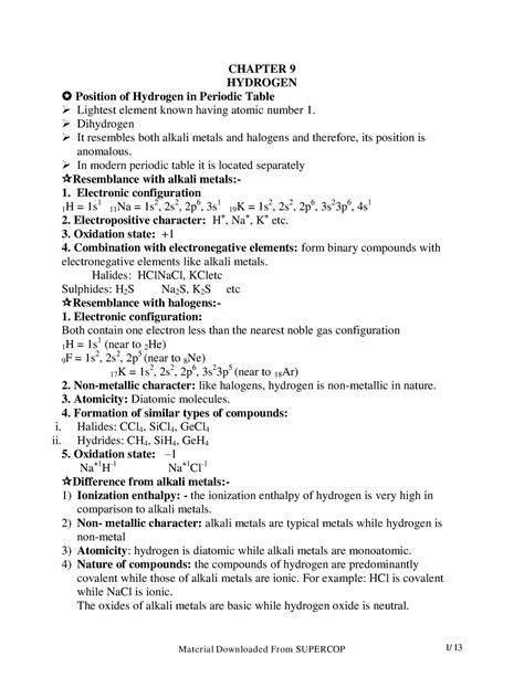 Chemistry 9 - CHAPTER 9 HYDROGEN Position of Hydrogen in Periodic Table ...