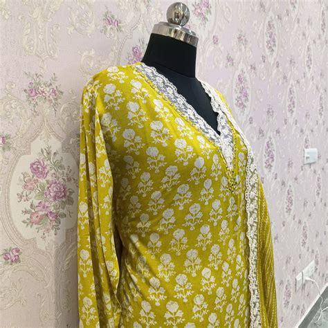 Lemon Yellow Printed Muslin - Classy V Neck concept - Beautiful Lace ...