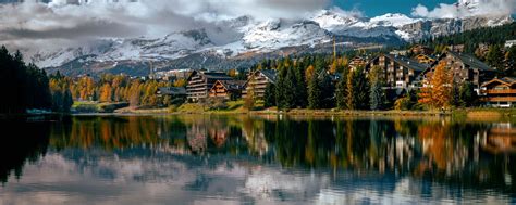 Download wallpaper 2560x1024 lake, houses, trees, mountains, landscape ...