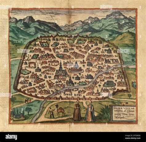 Plan map of Damascus, Syria on an etching by Franz Hogenberg circa 1575 ...