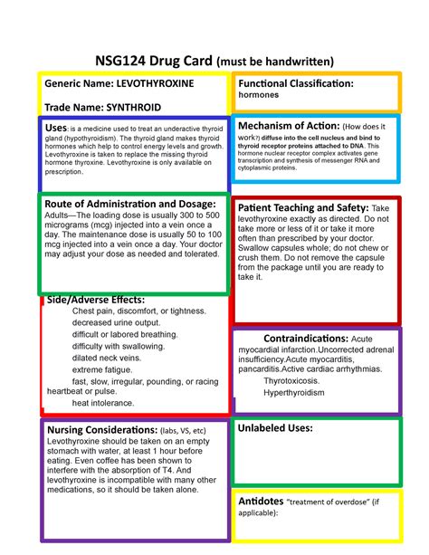 Levothyroxine - course work - NSG124 Drug Card (must be handwritten ...