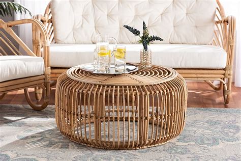 bali & pari Aliane Rattan BOHO Coffee Table with Circular Top, Openwork ...
