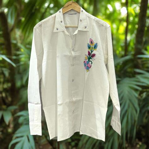 White Silver HandWork Embroidery Cotton Shirt - 400 - AA0588 – Kajrakh
