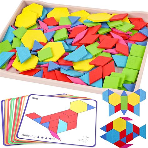 3 otters Wooden Pattern Blocks Shapes for Kids, Geometric Tangram ...