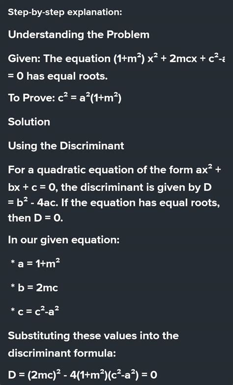 If the equation (1+m²) x² + 2mcx + c²-a² = 0 has equal roots, prove ...