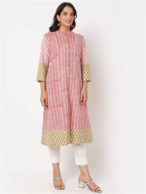 Aseesa Women's Orange Cotton Blend Floral Kurta Set