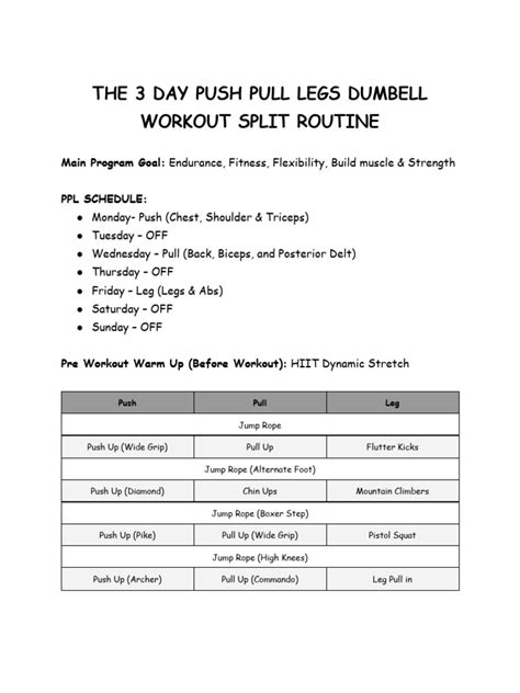 The 3 Day Push Pull Legs Dumbell Workout Split Routine | PDF