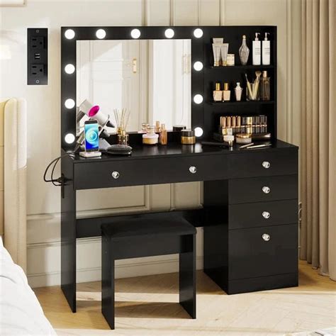 Fascino Makeup Vanity with Lighted Mirror And Outlets and 6 Drawers