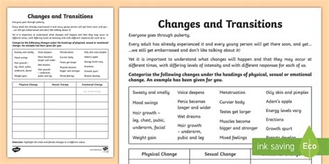 Changes and Transitions Worksheet (teacher made)