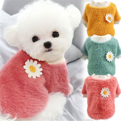 Dog Sweaters for Small Dogs Girl Daisy Style Plush Round Neck Flowers ...
