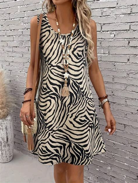 Women's Zebra Print Sleeveless Tank Dress - Round Neck Summer Sundress ...