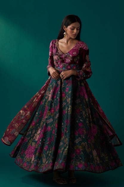 Green Floral Printed Sequined Yoke Festive Anarkali Dress with Churida