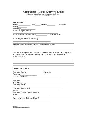 Orientation---Get to Know Ya Sheet Doc Template | pdfFiller