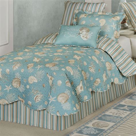 Seabreeze Reversible Aqua Coastal Seashell Quilt Set Bedding