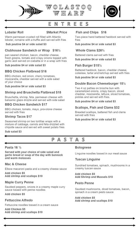 Menu at Wolastoq Wharf restaurant, Fredericton