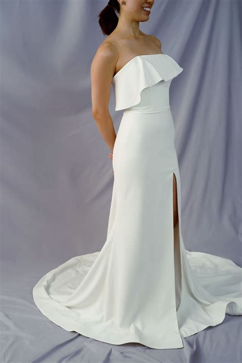 Olivia Frilly Straight Strapless Crepe Column Minimal Wedding Dress with Slit | Bone and Grey ...