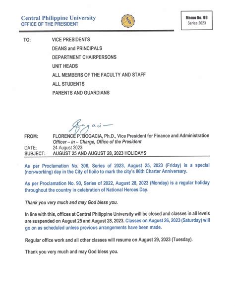 Memo 99 August 25 and August 28, 2023 Holidays - Central Philippine ...