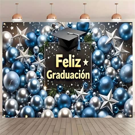 Feliz Graduation Backdrop Blue Balloons and Mortarboard Spanish ...
