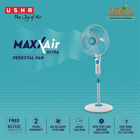 USHA Maxx Air Ultra Pedestal Fan | 400MM Sweep Size | 1350 RPM | Aerod ...