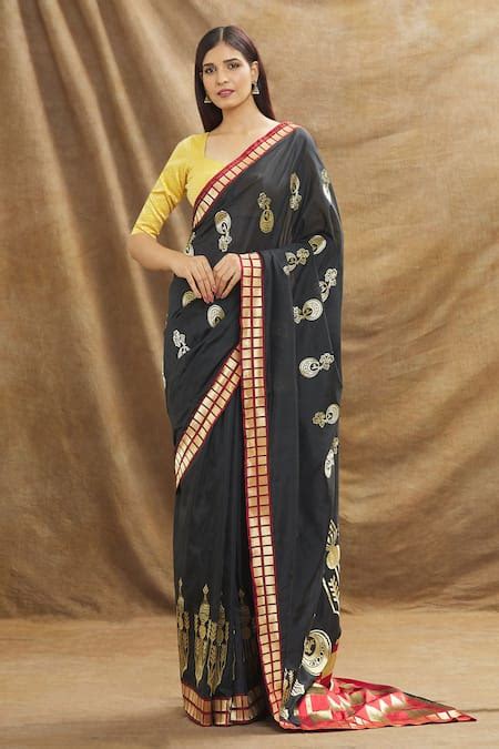 Buy Black Katan Silk Woven Mughal Motif Saree For Women by Resa by ...