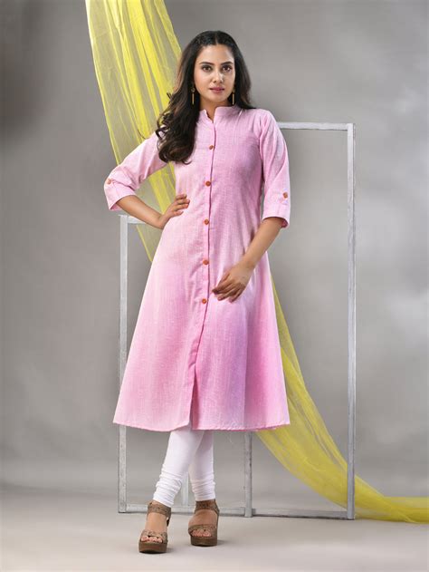 Baby Pink Solid Cotton A-line Kurta – Charukriti
