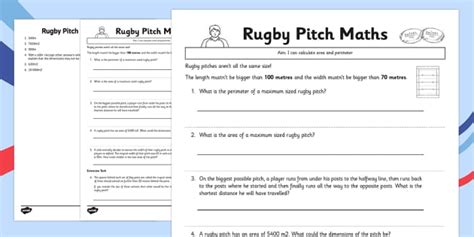 Rugby Area and Perimeter Maths Worksheet- Six Nations