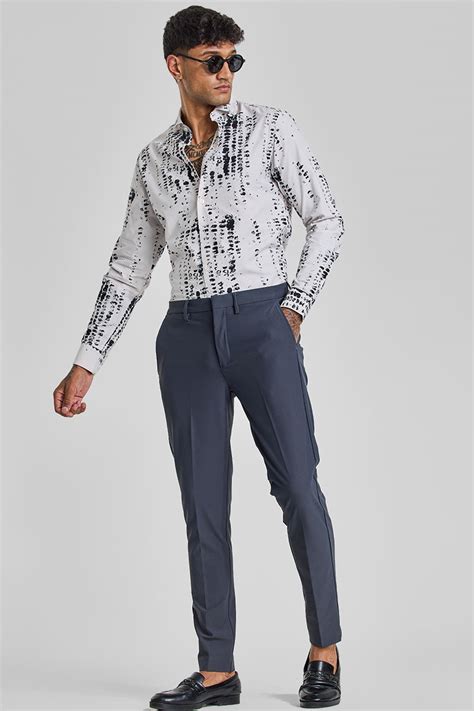 Buy Men's Greyish Blue Slim Fit Stretch Trousers Online | Snitch – SNITCH