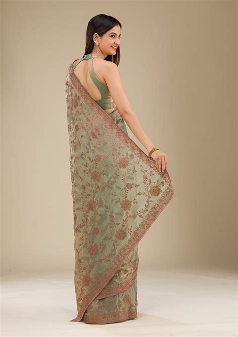 Buy Pista Green Threadwork Raw Silk Saree - Koskii