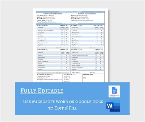 Image result for Sample High School Transcript Template
