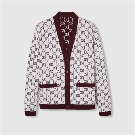 Reversible GG wool jacquard cardigan in bordeaux and white | GUCCI® US